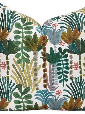 Huntington Pillow, 22”,Tropical Botanical Print Decorative Pillow - Green & Teal